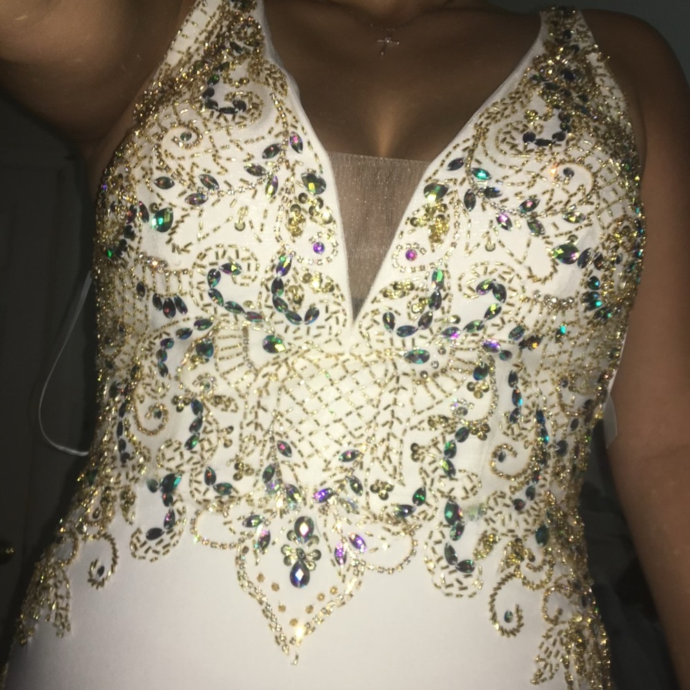 Camille La Vie White Beaded prom dress